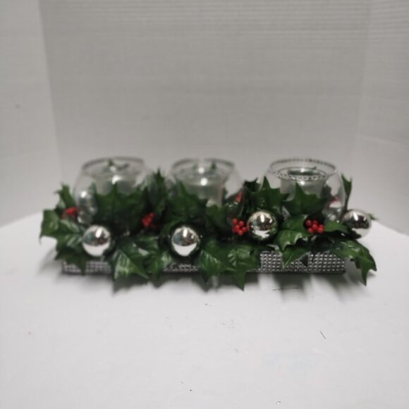 Christmas Holly & Silver Ornament Triple Candle Holder Centerpiece - Picture 2 of 2